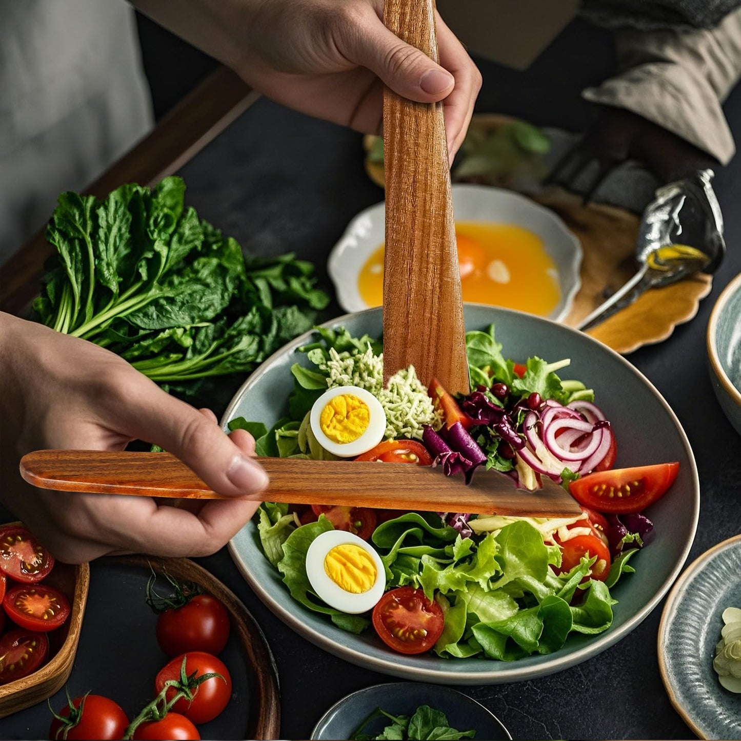 AIUHI Natural Teak Wood Spatula for Cooking, 12 Inches Flat Wooden Turner, Small Wood Flippers Handmade for Nonstick Cookware Turning Flipping Serving and Scraping. Set of 2