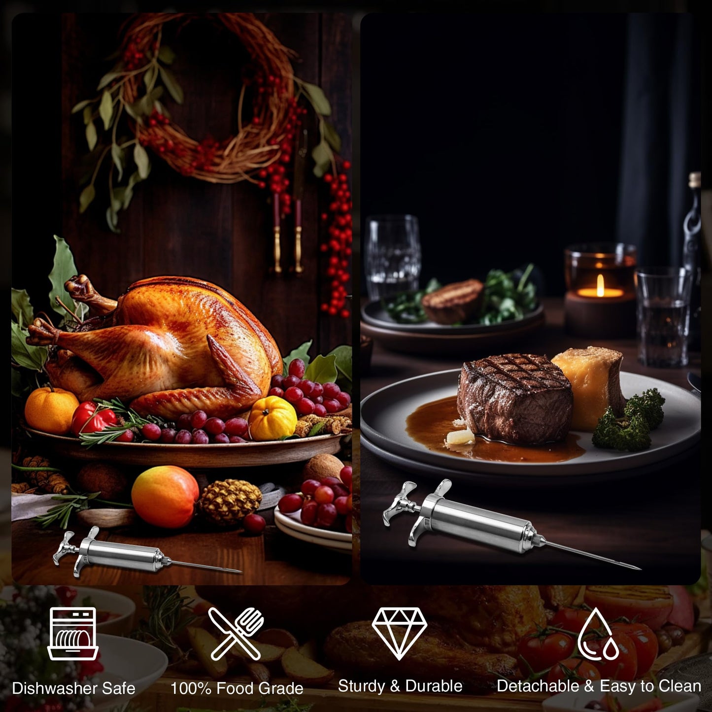 Dormercy Meat Injector Syringe Kit, Flavor Injector with 3 Marinade Needles, Stainless Steel Kitchen Food Injection Syringe for Turkey Cooking