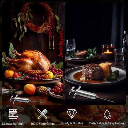 Dormercy Meat Injector Syringe Kit, Flavor Injector with 3 Marinade Needles, Stainless Steel Kitchen Food Injection Syringe for Turkey Cooking