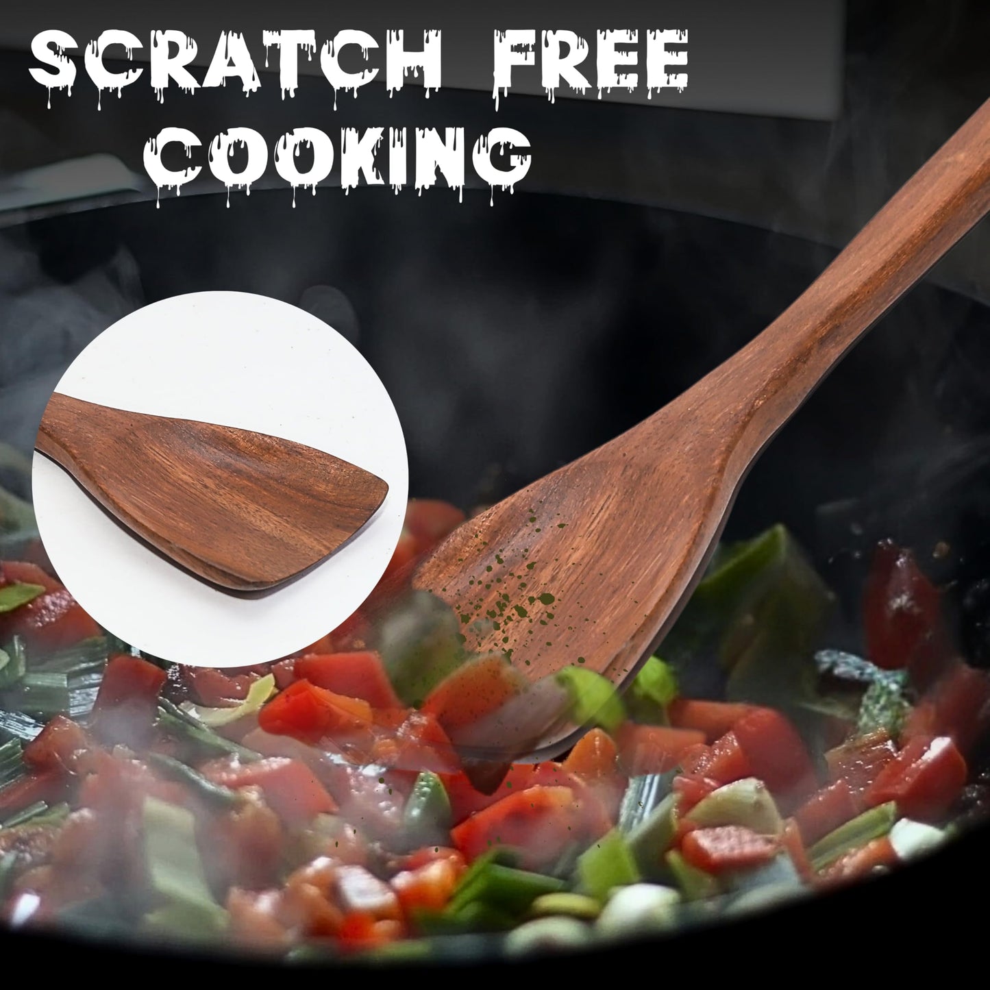 Wooden Cooking Spoons – 8 Pcs Teak & Acacia Wood Kitchen Utensil Set with Rotating Holder, Spatulas, Salad Fork, Skimmer, Spoon Rest, Wooden Knife – Nonstick, Heat-Resistant, Natural Utensils