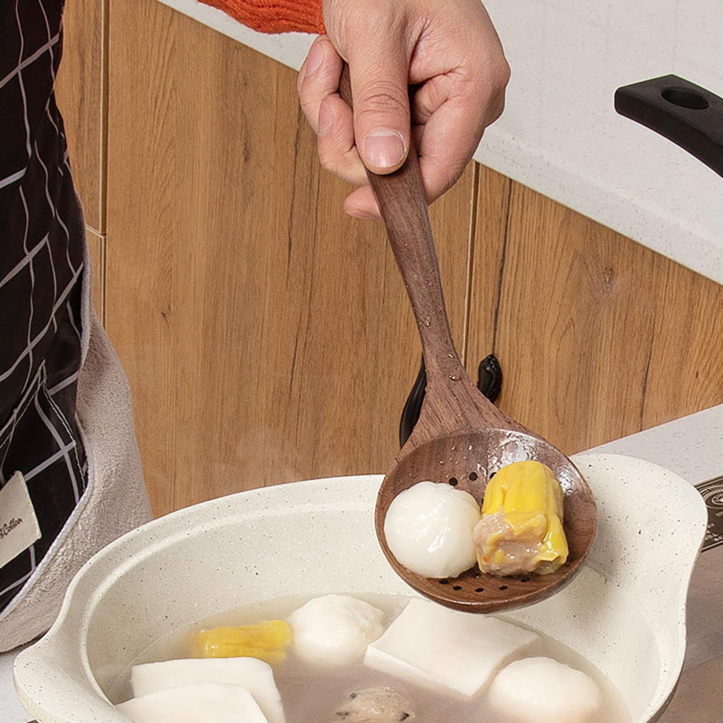 UPTALY 4 pcs Wooden Kitchen Utensils Set (C6), Natural Black Walnut Spoons, Thickened Ladle, Wood Slotted Spatula Turner, Extra Long Mixing Spoon, Scraper