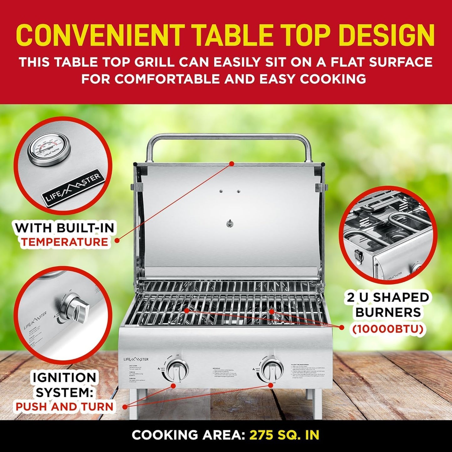 Lifemaster Portable Stainless Steel Gas Grill - 2 Burners Easy Clean Tabletop BBQ Propane Gas Grill with Foldable Legs and Wind Proof Lid for Camping and Outdoor - Silver