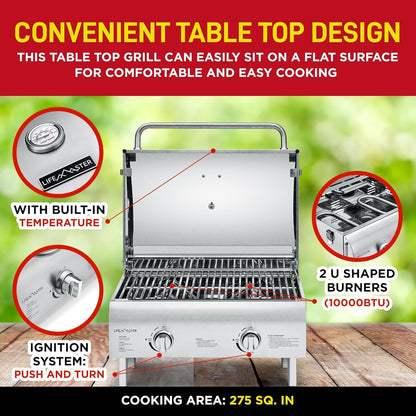 Lifemaster Portable Stainless Steel Gas Grill - 2 Burners Easy Clean Tabletop BBQ Propane Gas Grill with Foldable Legs and Wind Proof Lid for Camping and Outdoor - Silver