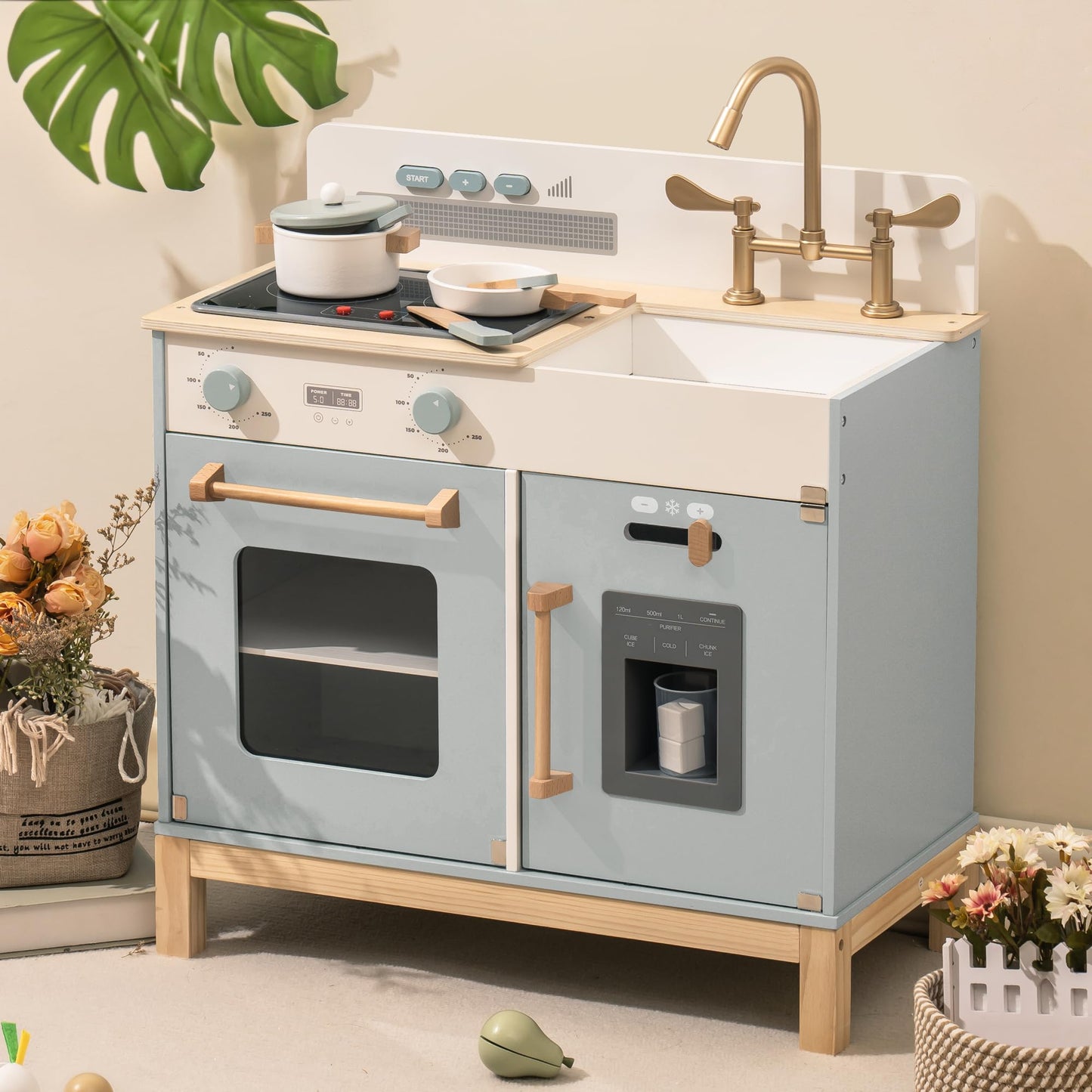 ROBOTIME Play Kitchen for Toddlers, Wooden Kids Play Kitchen Playset with Real Lights & Sounds/Ice Cube Dispenser, Pretend Play Toy Kitchen, Gift for Ages 3+ (Blue)