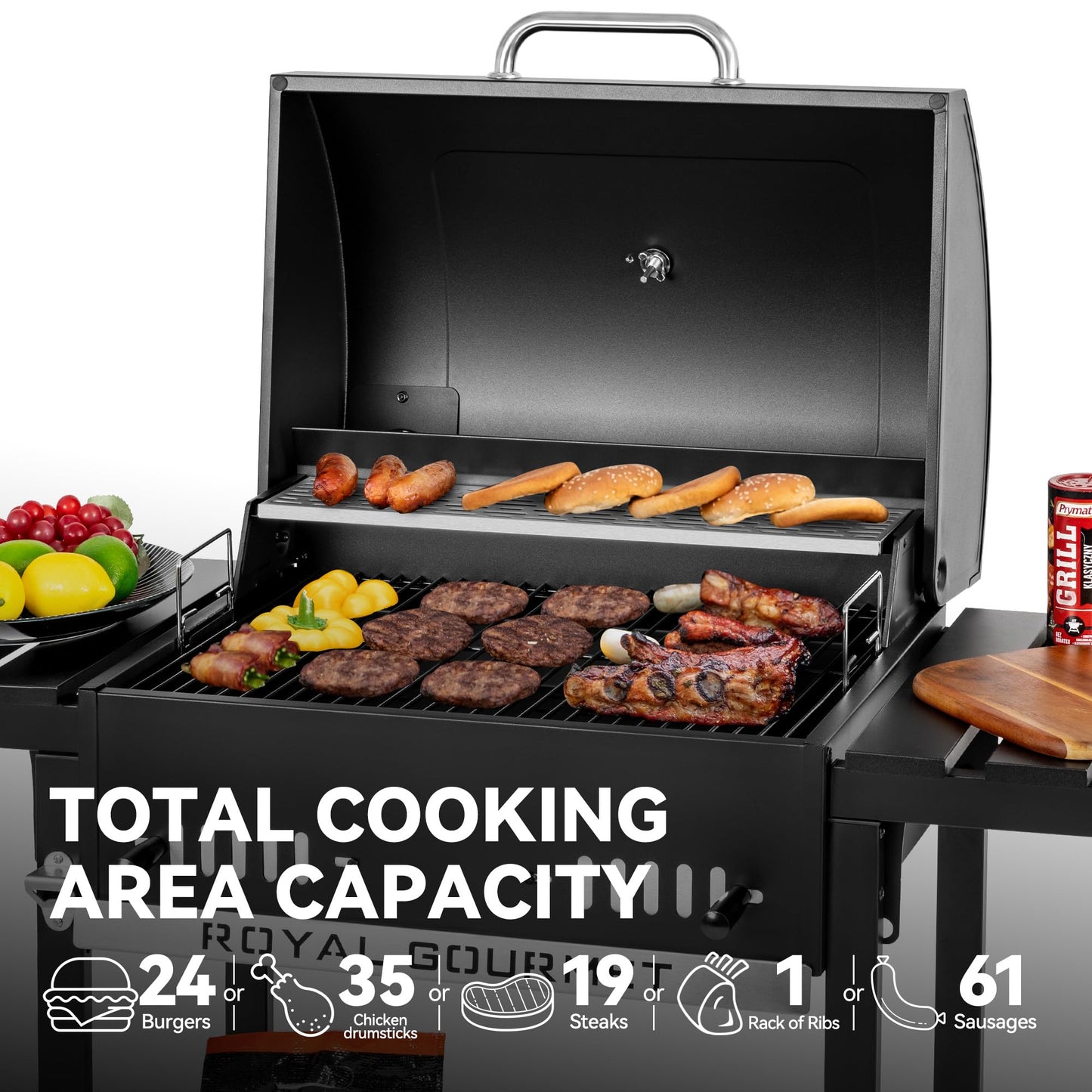 Royal Gourmet CD1824ET Movable Charcoal BBQ Grill with Foldable Side Tables, Outdoor Barbecue Grill with 470 Sq. In. Cooking Area for Outdoor Picnic and Camping Grilling, Black