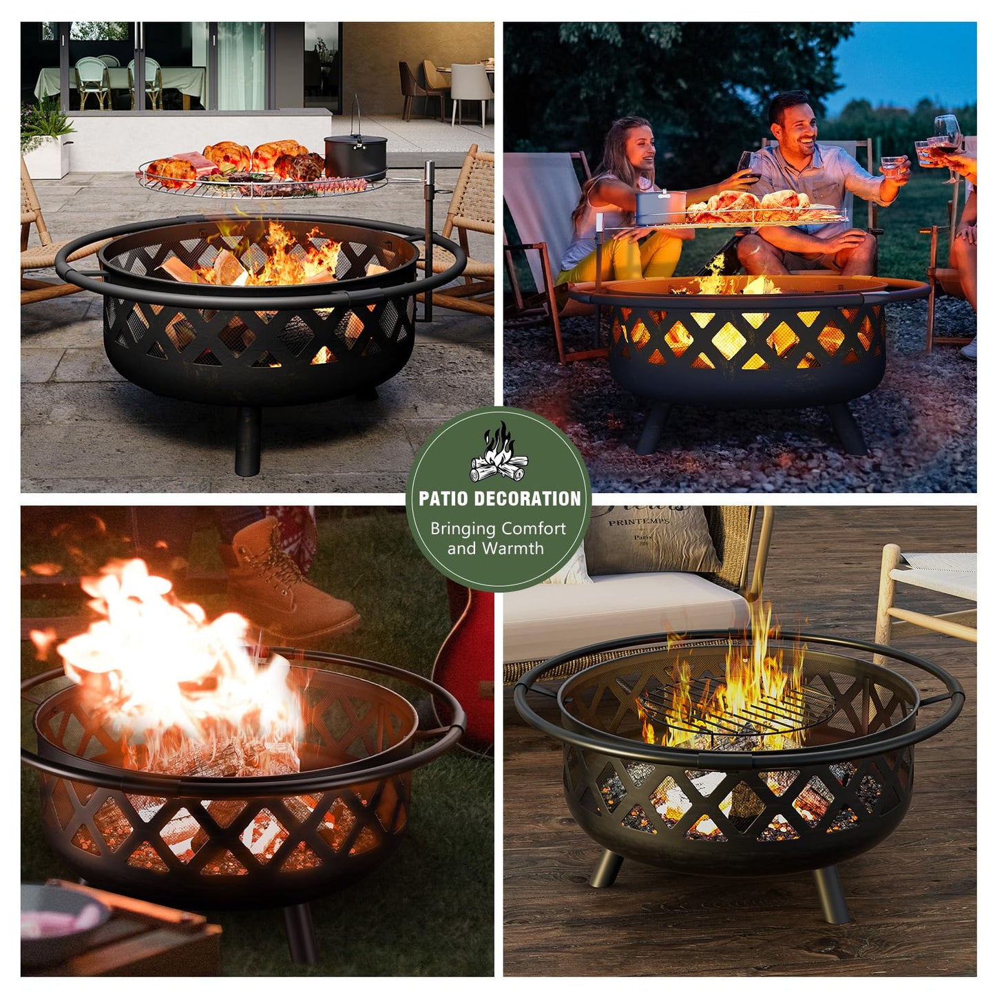 Aoxun Fire Pit, 42" Outdoor Wood Burning Fire Pit with Large Grill, BBQ Large Fire Table for Camping, Heating, Picnics