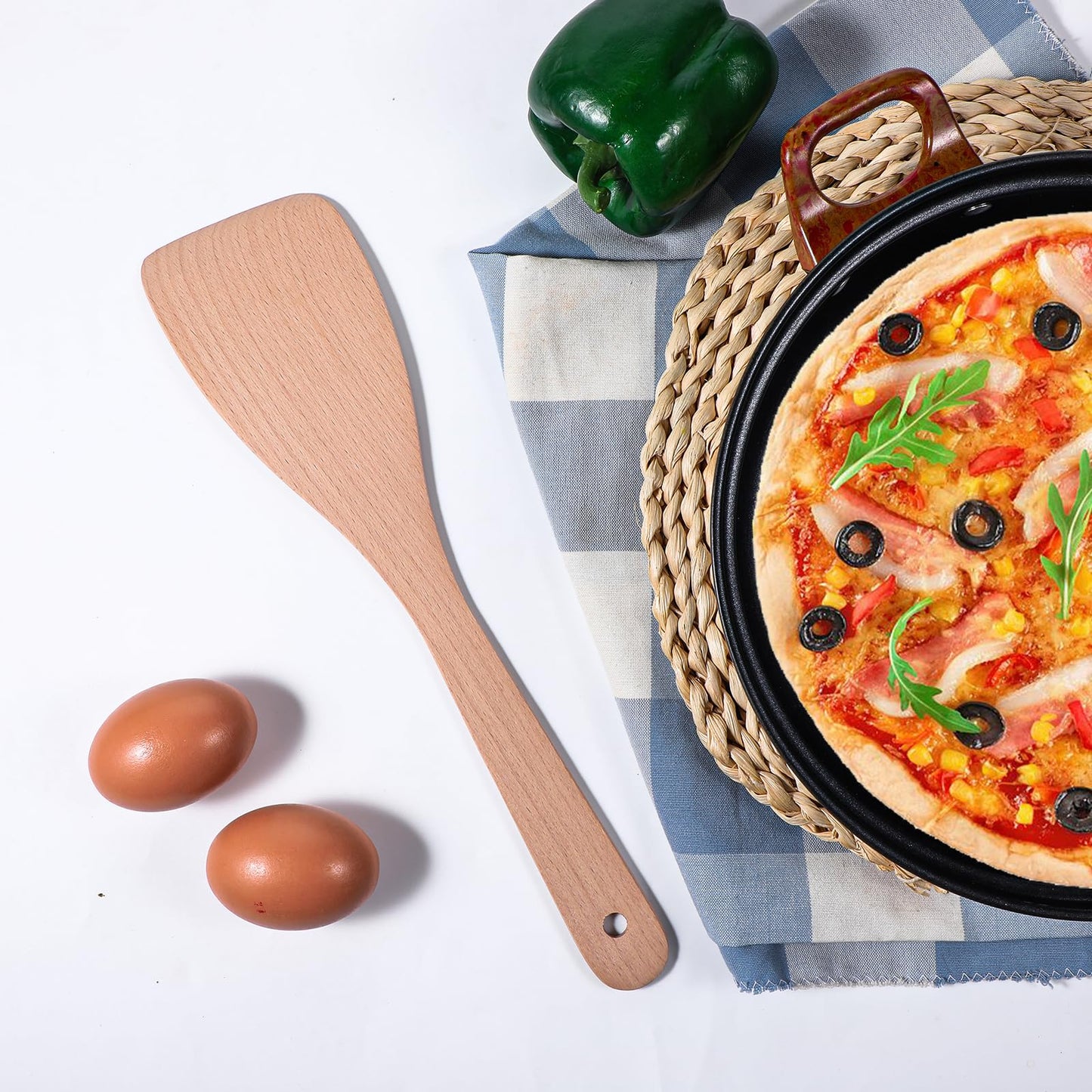 Wanmu 2 Pcs Wooden Spatulas for Cooking, 13 Inches Flat Beech Turner, Wooden Cooking Utensils, Long Handle Scraper, Non Scratch Wok Spatula for Kitchen Non Stick Cookware