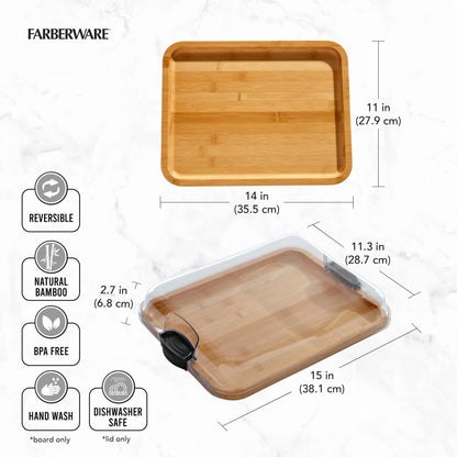 FARBERWARE Build-A-Board Bamboo Cutting Board with Clear Locking Lid and Black Handles, Perfect for Charcuterie, Snacks, and More, Single Compartment
