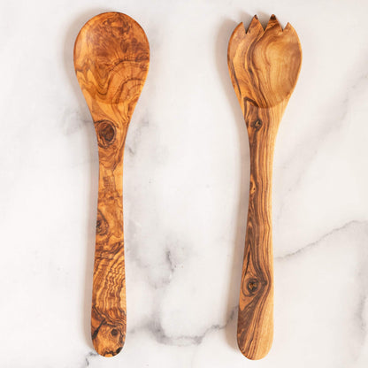 Tramanto Olive Wood Salad Server Set - 12 Inch Wooden Tongs - Rustic French Style
