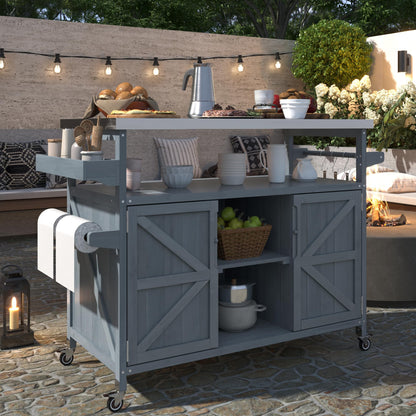 LZ LEISURE ZONE Outdoor Kitchen Island, Farmhouse Rolling Mobile Kitchen Island with Storage, Solid Wood Outdoor Grill Cart Table with Stainless Steel Top for Kitchen/Barbecue, Grey Blue