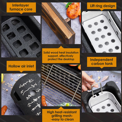 Japanese Style Grill Portable Japanese Barbecue Aluminum Alloy Hibachi Grill Charcoal Stove Yakitori Household Charcoal with Wire Mesh Wooden Base