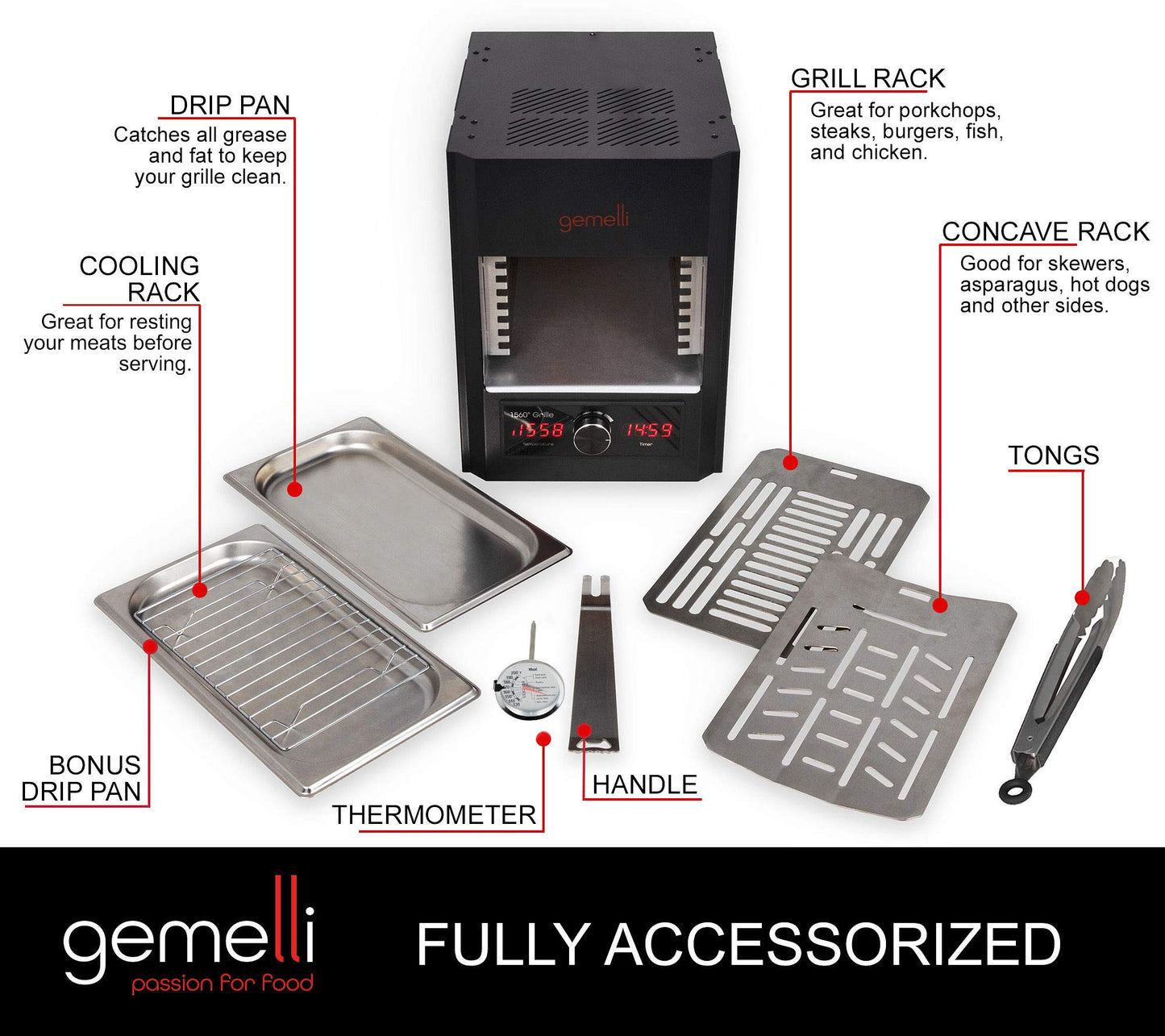 Gemelli Home™ Gourmet Steak Grille (1600 Watt), Steakhouse Quality, Infrared Ceramic Superheating Up to 1560 Degrees, Indoor Electric Infrared Grill and Sear Station, Stainless Steel Accessories