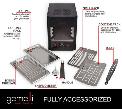 Gemelli Home™ Gourmet Steak Grille (1600 Watt), Steakhouse Quality, Infrared Ceramic Superheating Up to 1560 Degrees, Indoor Electric Infrared Grill and Sear Station, Stainless Steel Accessories