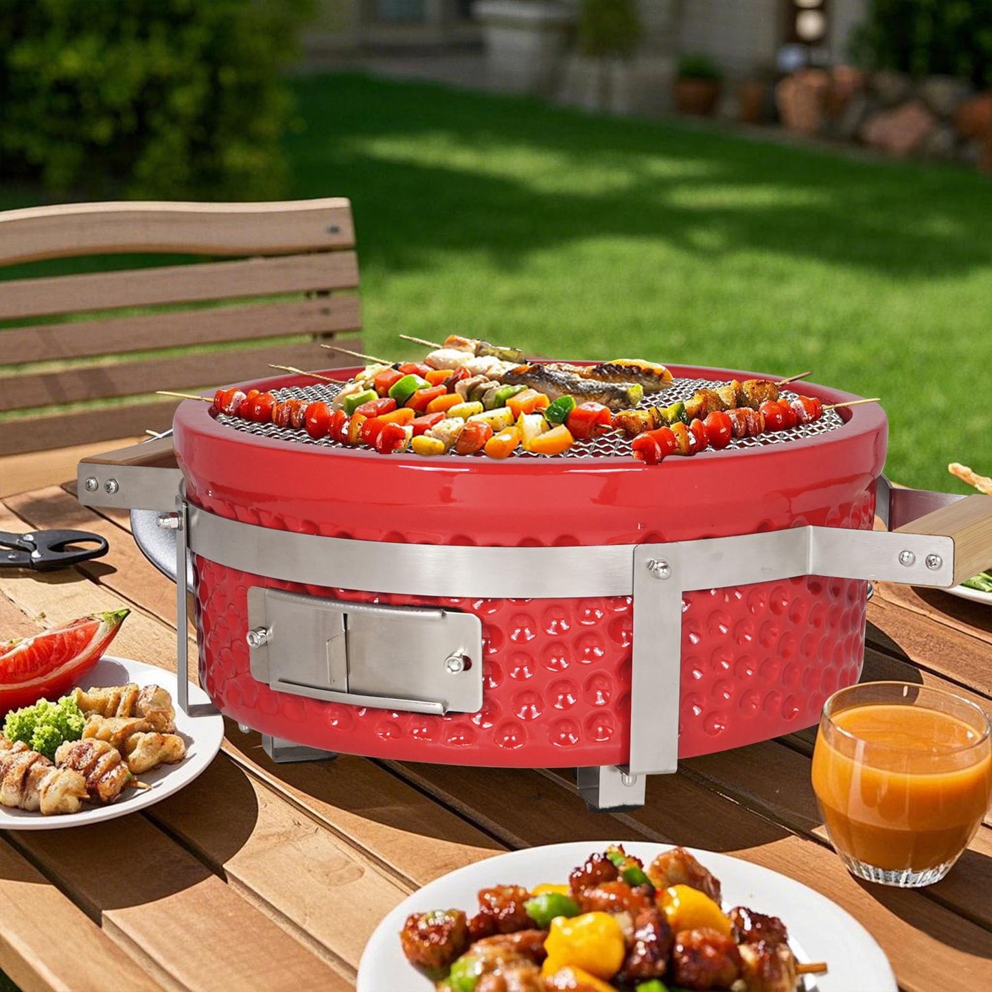 AUPLEX Yakitori Ceramic Charcoal Grill, Square Japanese Style Tabletop BBQ Gill With Grid Lifter For Indoor/Outdoor, 16"x9", Red