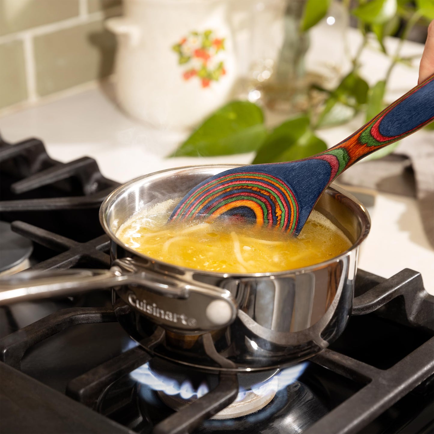 5pc Wood Cooking Utensils Set - Wooden Spoons for Cooking – Pakka Wood Utensils for Cooking and Serving – Comfortable Grip and Non Stick (Blue Rainbow)