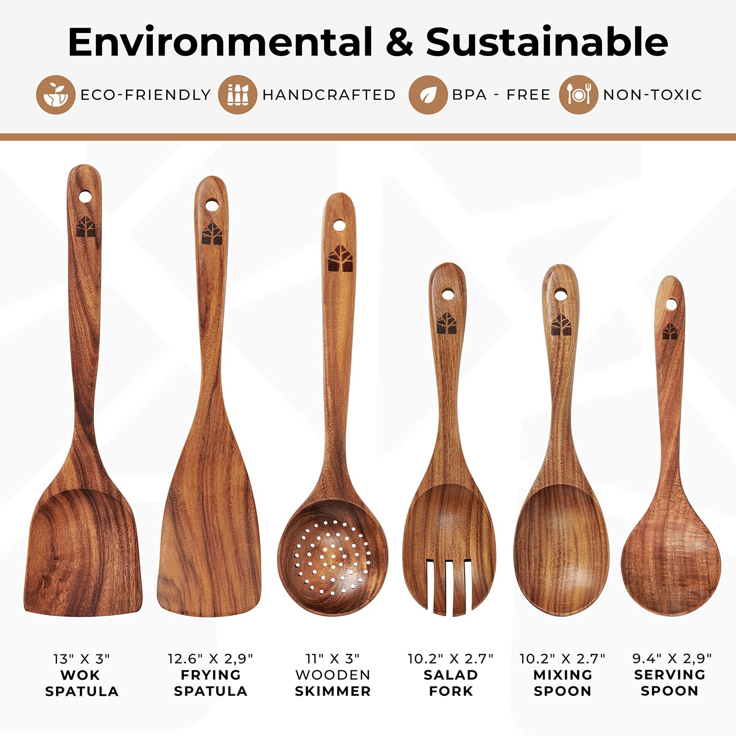 Wooden Spoons for Cooking – Wooden Kitchen Utensils Set, 6 Pcs Teak Wood Utensil Set – Comfortable Grip Non–Stick Wooden Cooking Utensils – Nonstick Natural and Healthy Kitchen Cookware