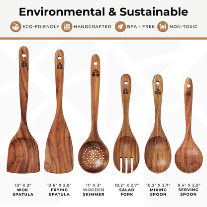 Wooden Spoons for Cooking – Wooden Kitchen Utensils Set, 6 Pcs Teak Wood Utensil Set – Comfortable Grip Non–Stick Wooden Cooking Utensils – Nonstick Natural and Healthy Kitchen Cookware