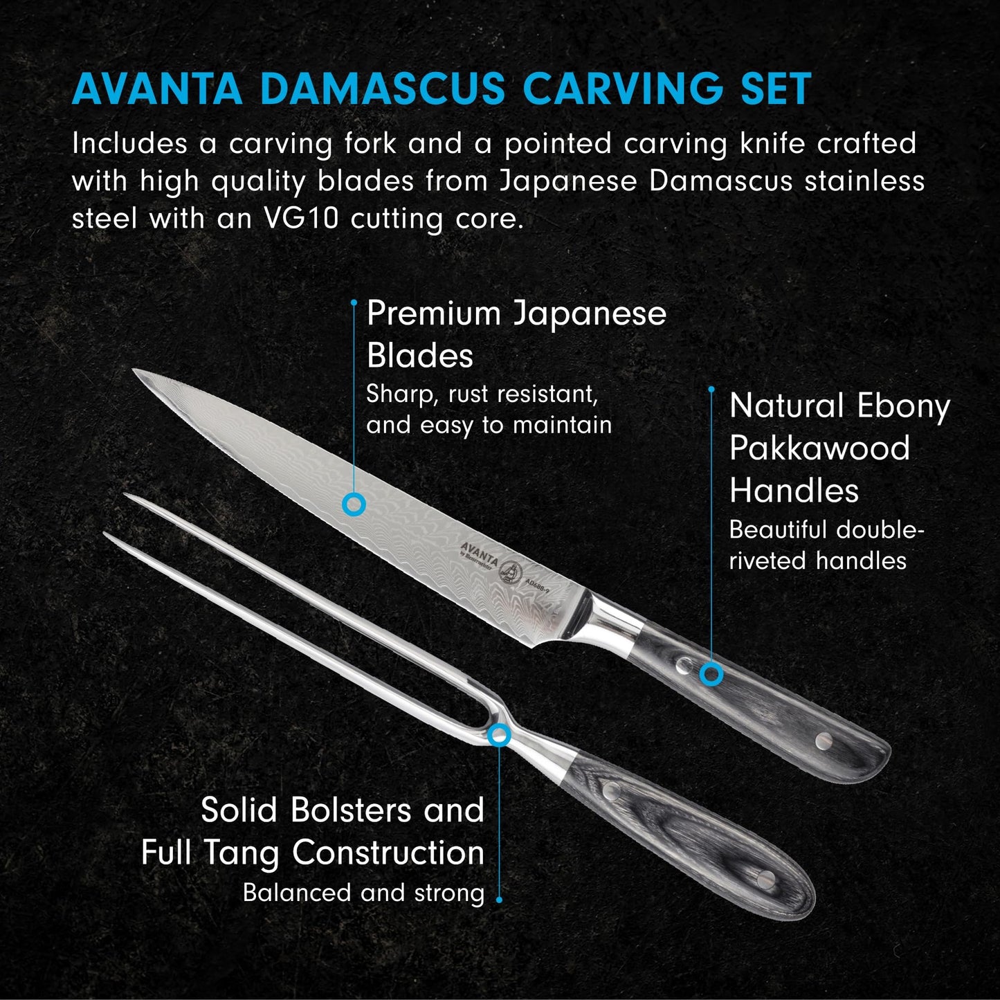 Messermeister Avanta Damascus Kullenschliff Carving Set - Includes 8” Carving & Slicing Knife + 7” Fork - Japanese Damascus Stainless Steel - Pakkawood Handle - Rust Resistant & Easy to Maintain
