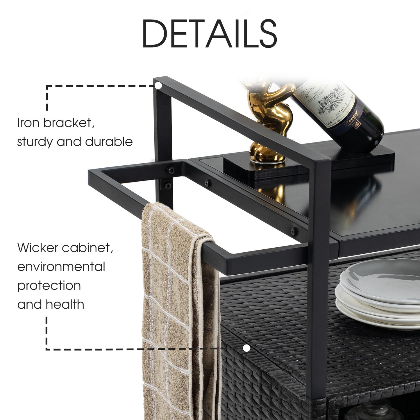 HOMEFUN Outdoor Bar Cart Table - Patio Console Storage Cabinet BBQ Grill Carts Buffet with Wheels Waterproof Wicker Serving Tables for Outside, Black