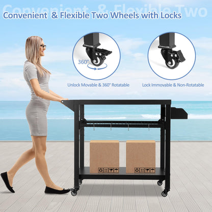 Spurgehom Grill Cart, Pizza Oven Stand Table with Wheels, Outdoor Movable Kitchen Cooking Prep Table BBQ Cart with Mesh Racks for Home Party, Bar, Camping