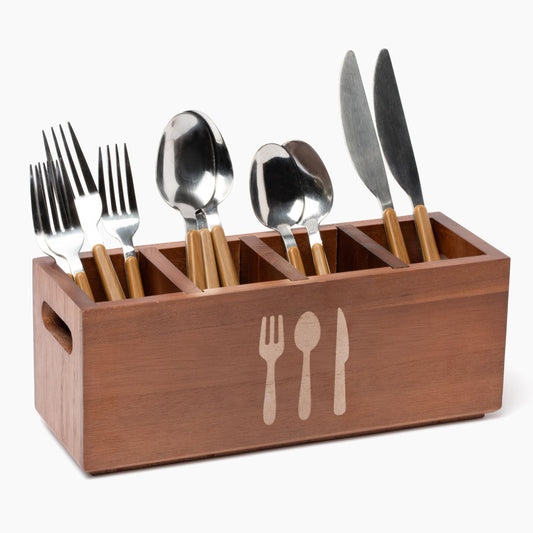 Wooden Utensil Holder for Kitchen Counter - Cutlery Organizer with 4 Compartments | Silverware Caddy Countertop with Removable Dividers | Cooking Utensil Holder | Fork Spoon Knife Organizer