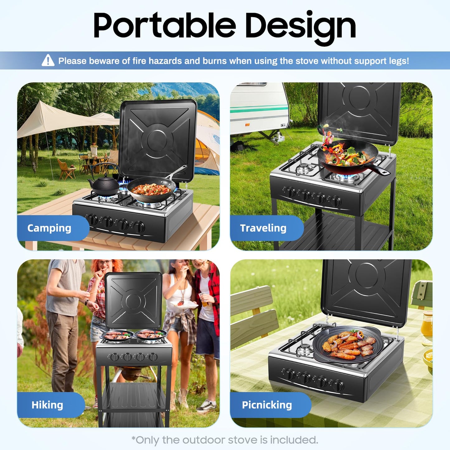 4-Burner Propane Gas Stove, 34120 BTU Output for Patio Garden Barbecue Grilling, Free Standing 2-Tier Storage Rack for Apartments, Outdoor, Rvs, Black