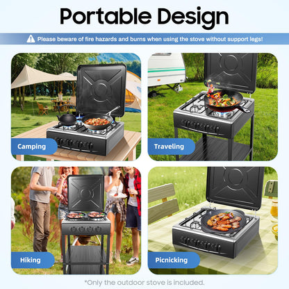 4-Burner Propane Gas Stove, 34120 BTU Output for Patio Garden Barbecue Grilling, Free Standing 2-Tier Storage Rack for Apartments, Outdoor, Rvs, Black