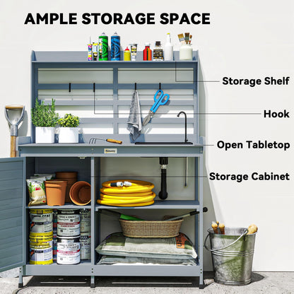 Outsunny Outdoor Wooden Potting Bench Table with Sink and Water Tap, Garden Workstation with Storage Cabinet, Storage Shelves for Backyard, Patio, Balcony, Gray