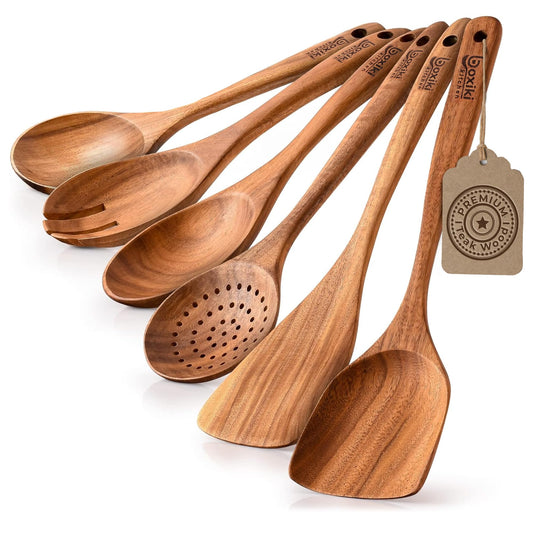 Boxiki Kitchen Luxury Teak Wood Utensil Set - Elegant 6-Piece Cooking Ensemble Including Spoons, Server, Scraper & Spatula - Expertly Crafted for Culinary Excellence