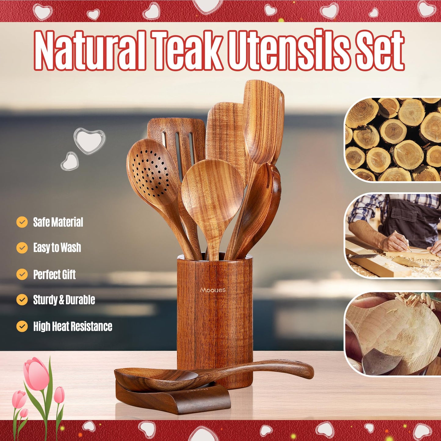 9 Piece Wooden Spoons for Cooking, Teak Wooden Kitchen Utensils Set with Spoon Rest, NonStick Comfort Grip Wooden Spatula Set and Cooking Utensils Holder
