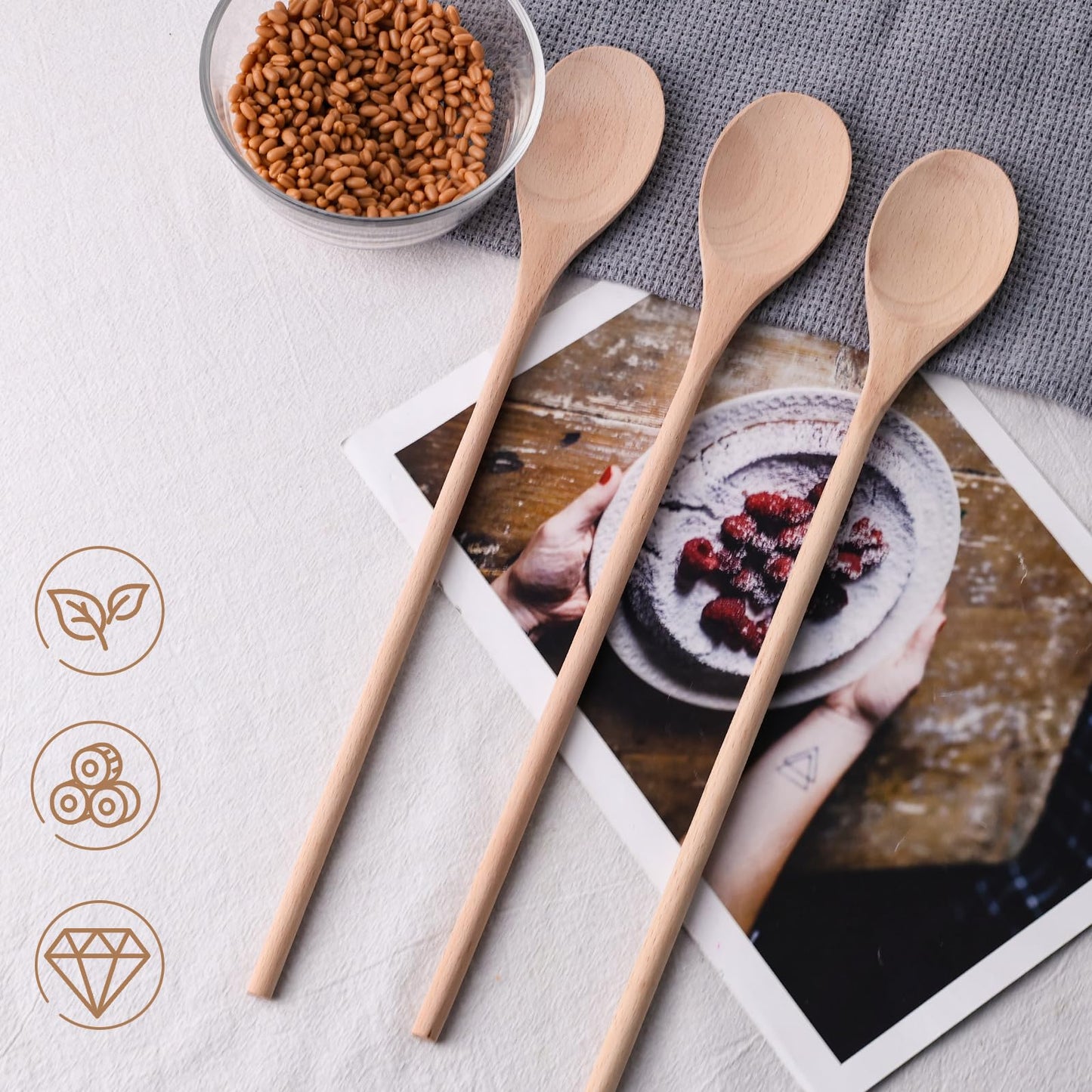 HANSGO Wooden Spoons for Cooking, 10 Inch Mixing Wood Spoon with Long Handle Serving Utensil Set for Kitchen Cooking and Stirring, 3PCS