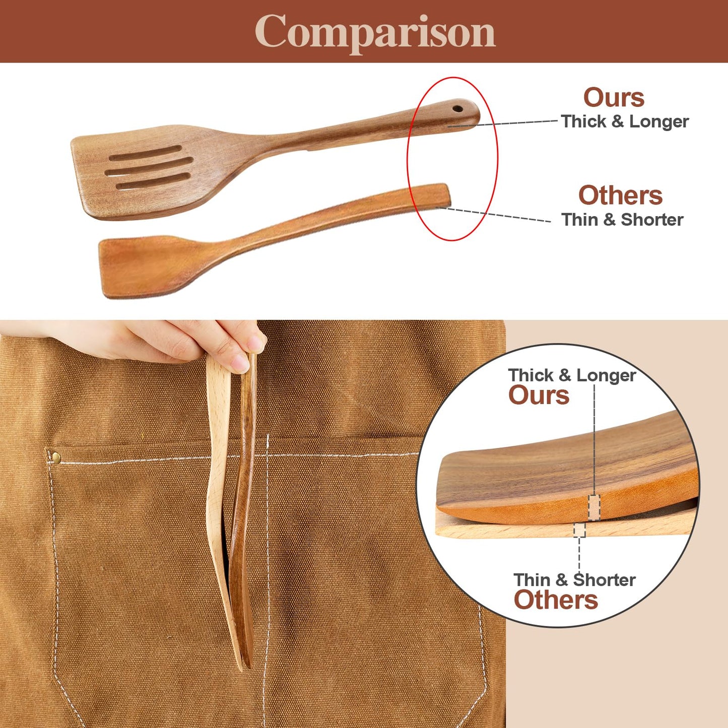ROSOS Wooden Cooking Utensils, 6 Pieces Natural Acacia Wooden Spoons For Cooking with Non Stick & Heat Resistant Design, Wooden Kitchen Utensil Set with Hanging Hole for Stirring, Mixing, Cooking