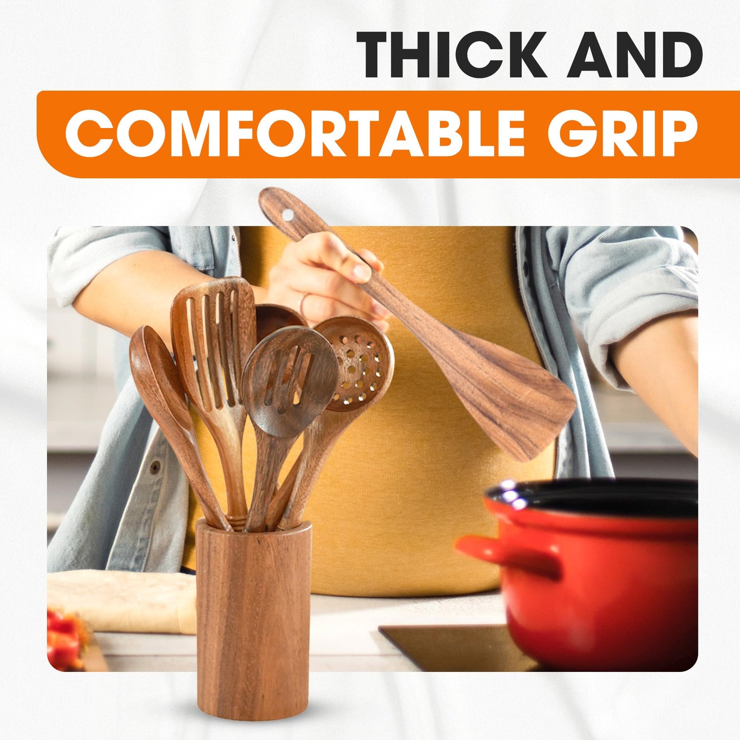 Cheer Collection Wooden Utensil Set - 9 Piece Cooking Utensils with Holder, Premium Taek Wood Spoons & Spatulas for Cooking, Heat Resistant, Non-Stick, and Safe Wooden Cooking Utensils