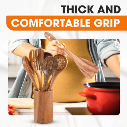 Cheer Collection Wooden Utensil Set - 9 Piece Cooking Utensils with Holder, Premium Taek Wood Spoons & Spatulas for Cooking, Heat Resistant, Non-Stick, and Safe Wooden Cooking Utensils