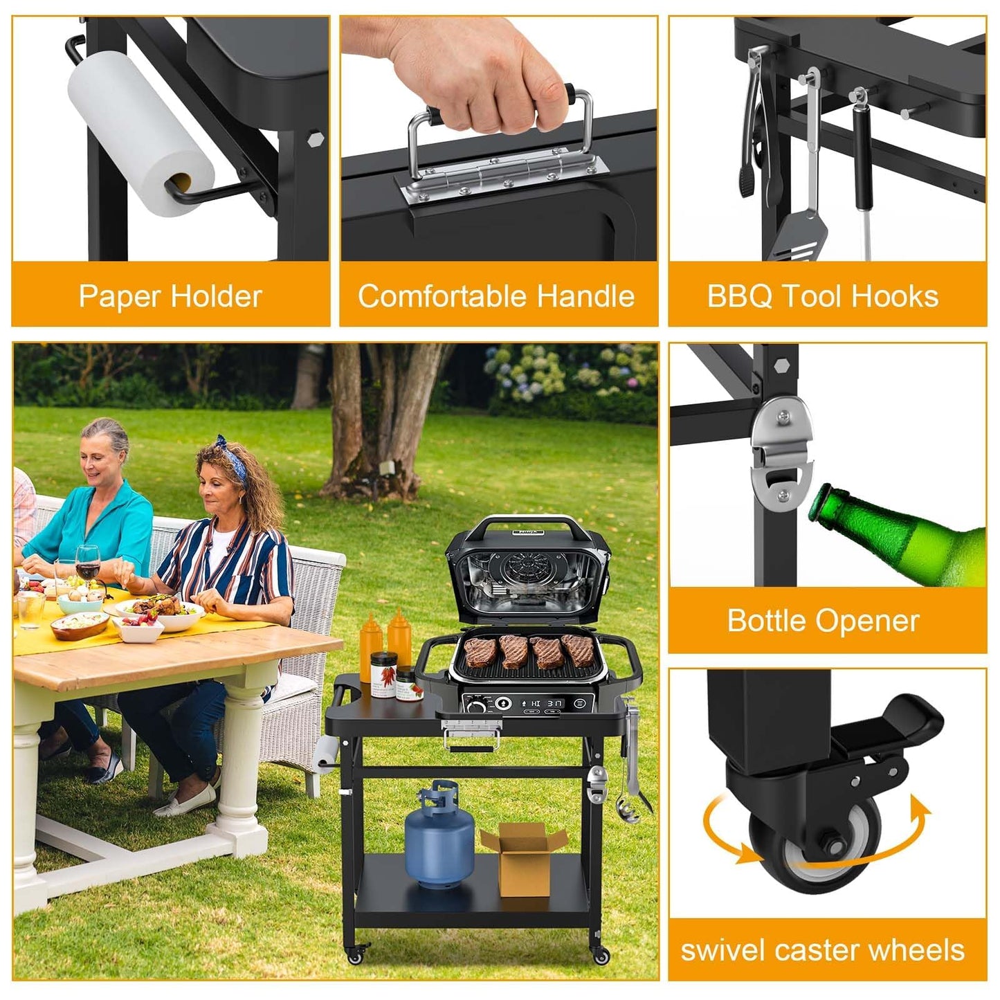 Universal Grill Stand for Ninja Woodfire Outdoor Grill,Portable Foldable Grill Cart Table for XSKUNSTAND OG700 OG800 OG900 OO101 SER Smoker Pizza Oven Accessories with 4 Wheels & Grill Cover