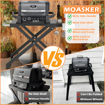 MOASKER Woodfire Outdoor Grill Stand for Ninja Woodfire OG700 Series, Collapsible Outdoor Grill Stand for Ninja OG701 OG751 Woodfire Accessories Portable Grill Cart with Wheels for Outside Camping