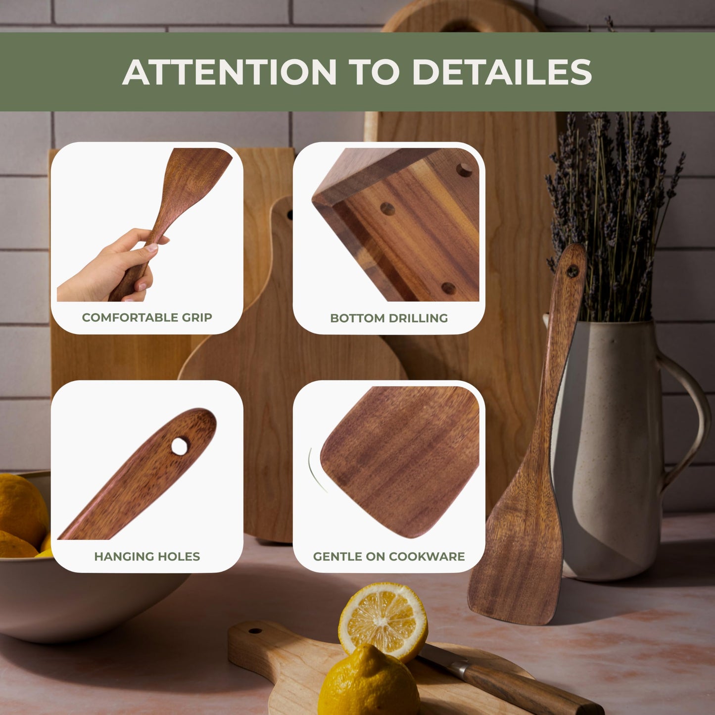 Vasilek Wooden Cooking Utensils Set – 12-Piece Acacia Wood Kitchen Utensil Set with Holder & Spoon Rest, Non Toxic Wooden Tools for Nonstick Cookware, Spatula, Ladle, Serving Spoon