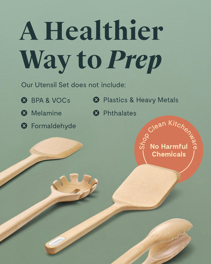 Caraway Wooden Utensil Set - 5 Piece Cooking Utensil Set - Spoon, Server, Scraper, Spatula, & Tongs - Made From FSC-Certified Birch Wood - No Microplastics