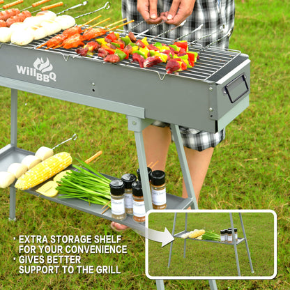 WILLBBQ Charcoal Grills Commercial Quality Portable Multiple Size Hibachi BBQ Lamb Skewer Folded Camping Barbecue Grill(31.6x7.1x5.1 inch With Accessories)