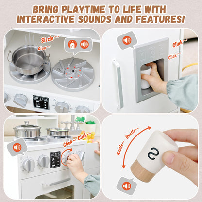 Wooden Play Kitchen for Toddlers and Kids with Lights & Sounds, Large Interactive Pretend Play Set with Ice Maker, Stove, Sink, Oven, 12 Accessories - Ages 3-8