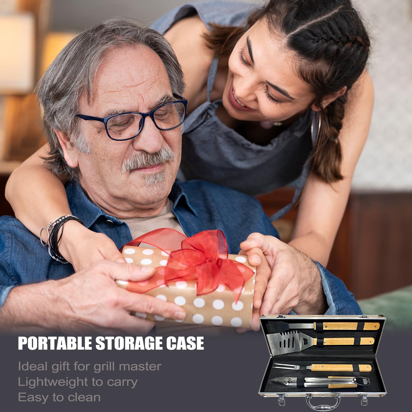 Grilling Accessories Anniversary Birthday Gifts for Dad/Husband, Heavy Duty Wooden BBQ Kit with Apron for Backyard, Thick Stainless Steel Grill Utensils with Non-Slip Handle Tools in Portable Bag