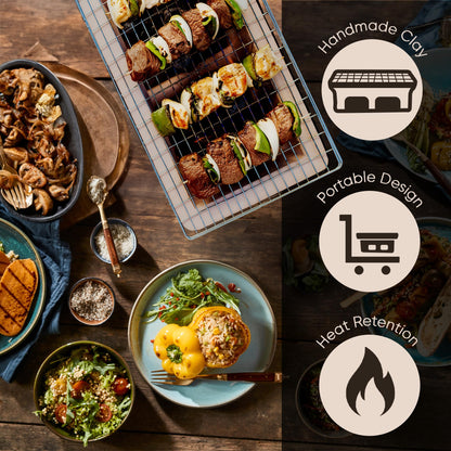 Fire Sense 60450 Yakatori Internal Grates Charcoal Chrome Cooking Grill Japanese Table BBQ Handmade Using Clay Adjustable Ventilation For Outdoor Barbecues Camping Traveling - Large - Tan