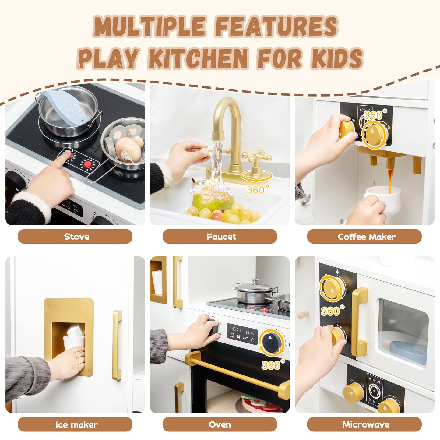 Interactive Wooden Toy Play Kitchen Playset for Kids – Realistic Lights & Sounds, Corner Design with 8 Accessories, Gift for Girls & Boys Ages 3+