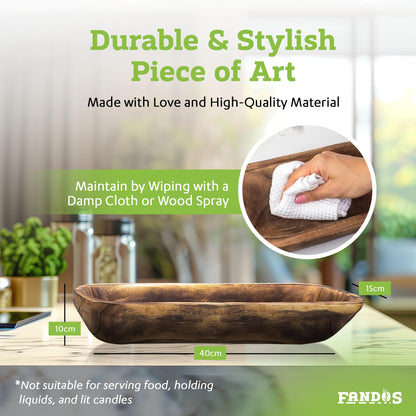 FANDOS Wooden Dough Bowl for Decor - 17¾ in Long Hand Carved Paulownia, Large Rustic Decorative Bowl for Home Table Centerpiece, Keys, Entryway Table, Catchall Tray & Wooden Dining Room Centerpiece