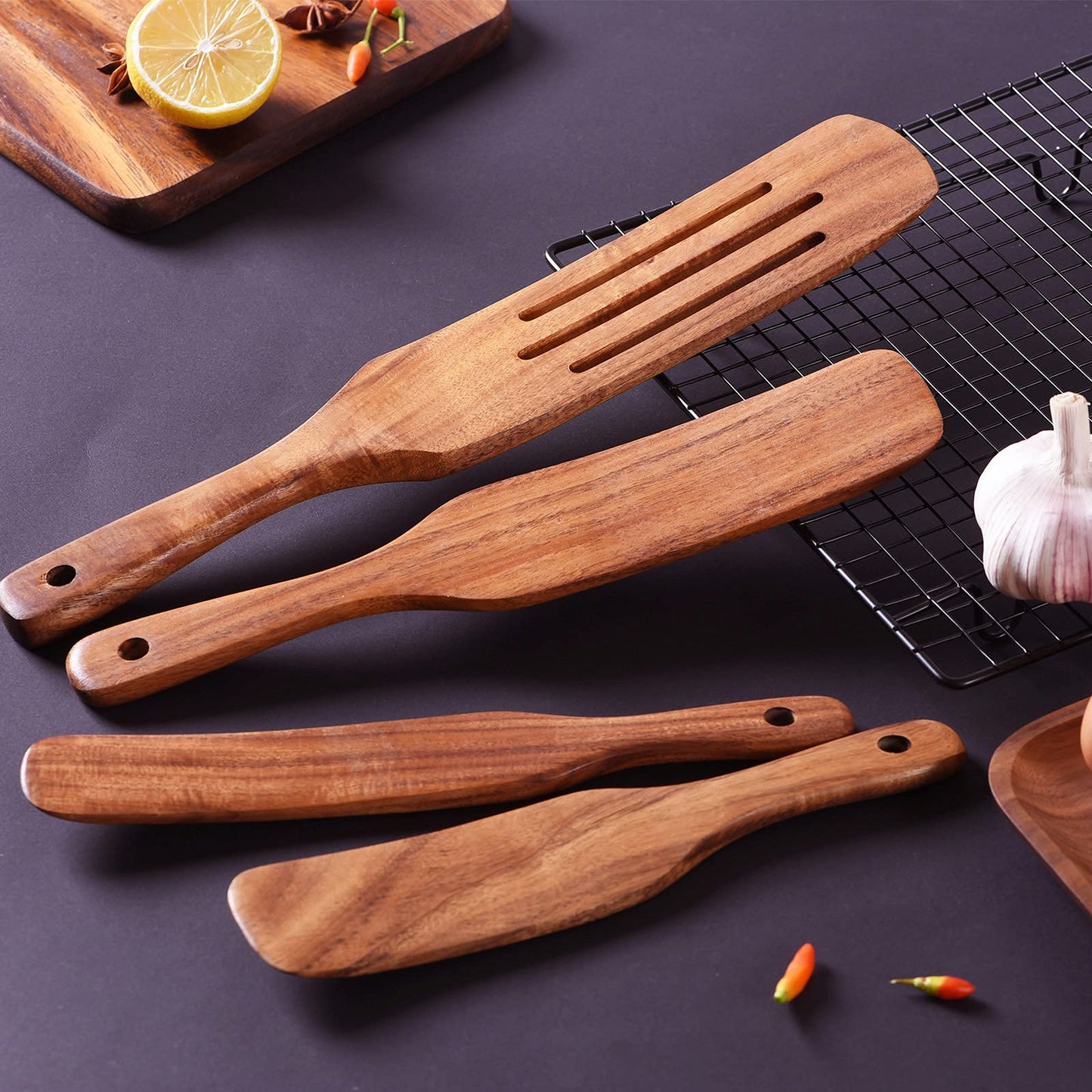 Wooden Spoons for Cooking,GUDAMAYE 10 PCS Wooden Kitchen Utensils Set,Wooden Cooking Utensils For Non-stick Pan,Teak Wood Utensils Set,Spurtles Kitchen Tools As Seen On Tv