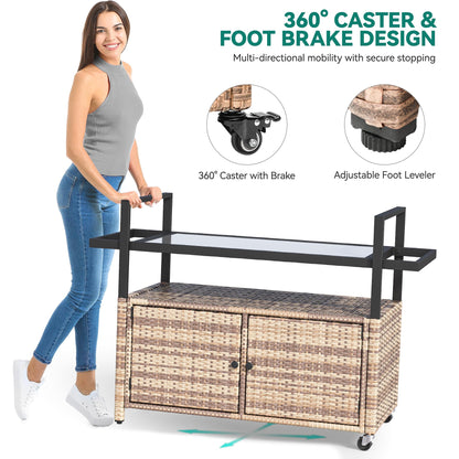 YITAHOME Large Outdoor Kitchen Wicker Island Rolling Cart & Patio Bar Table, w/Wheels and Black Glass Table Top Backyard and Poolside Light Brown