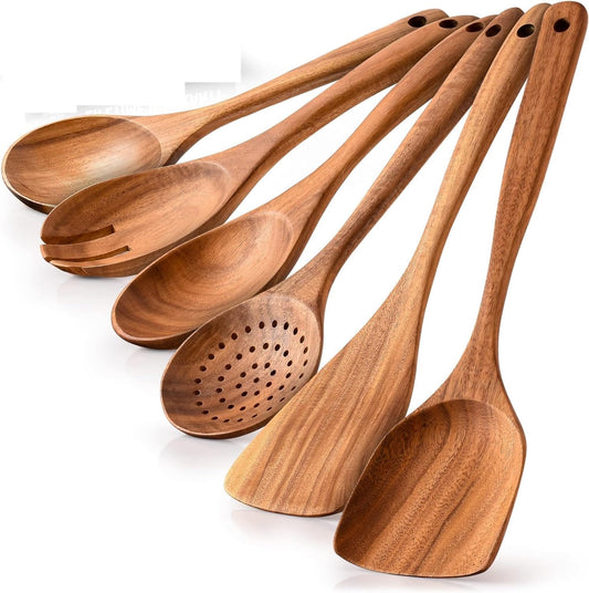 6-Pcs Wooden Spoons for Cooking - Smooth Finish Teak Wooden Utensils for Cooking -Wood Spoons for Cooking - Wooden Spoon Sets -Non-Stick Wooden Cooking Utensils -