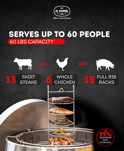 EL BARRIL 60lbs Grill & Smoker Barrel, Stainless Steel Charcoal Smoker Grill – Portable Outdoor Smokers with Even Heat Distribution & Grilling Accessories