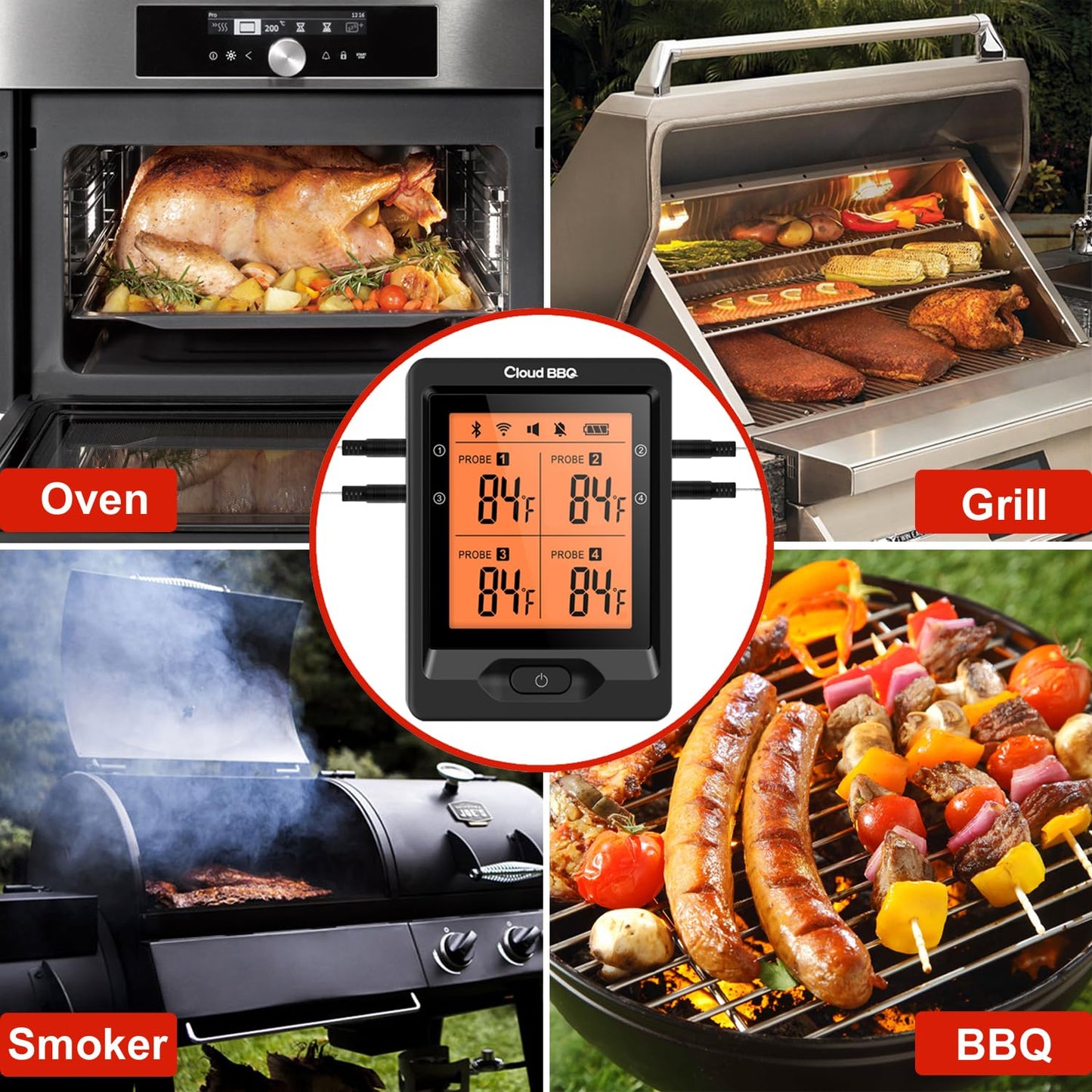 500FT Digital Meat Thermometer with Multy Probes Bluetooth Kitchen Thermometer for Smoker Grilling Oven (FS66N)