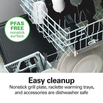 Hamilton Beach Electric Indoor Raclette Table Grill, 200 sq. in. PFAS-Free Nonstick Griddle Serves up to 8 People for Parties and Family Fun, Includes 8 Warming Trays, Black (31612MN-MX)